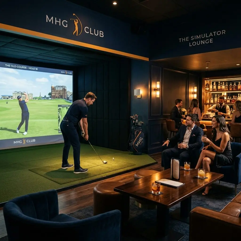 The simulator lounge at Mile High Golf